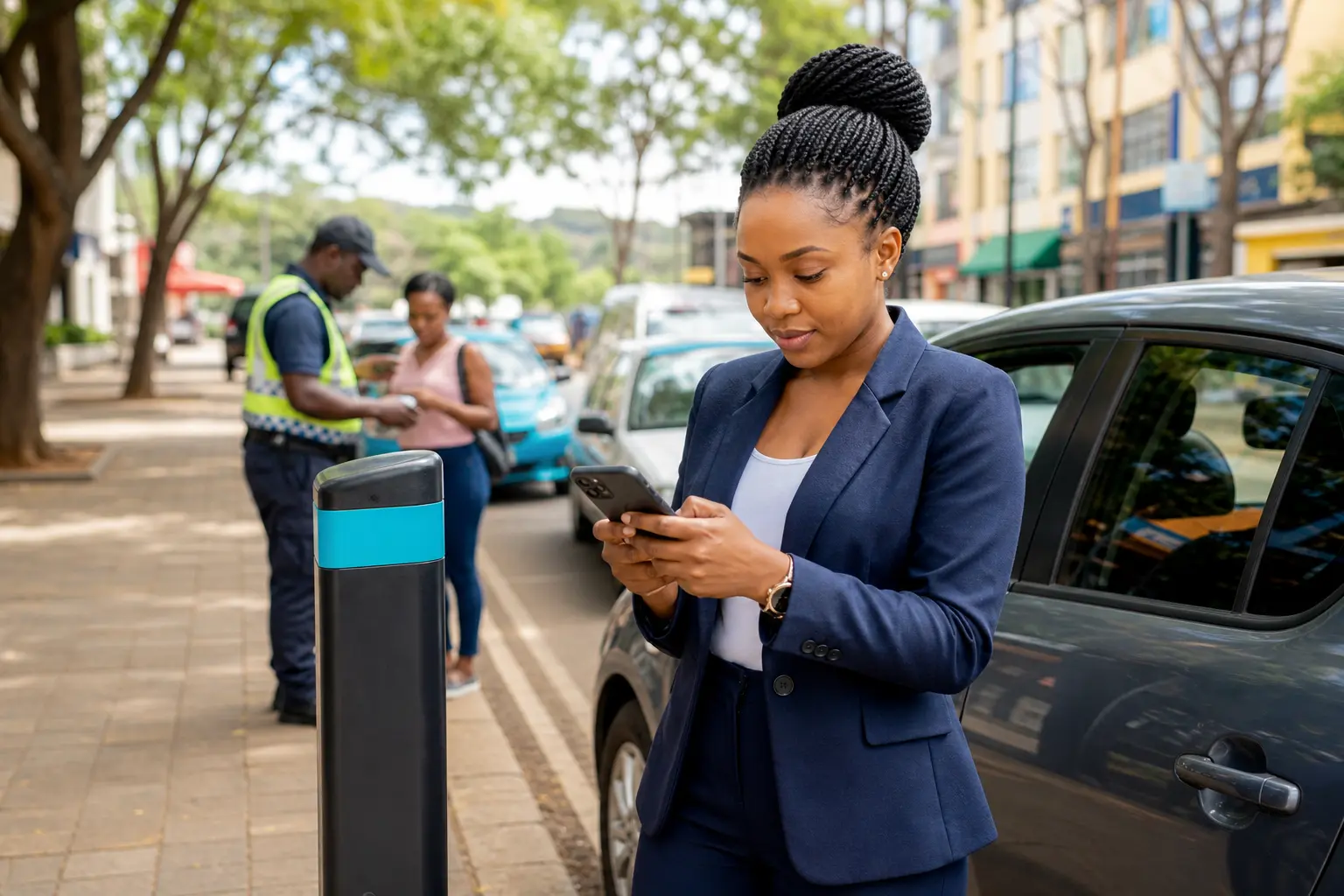 A motorist pays for parking on a mobile phone beside a parked vehicle.